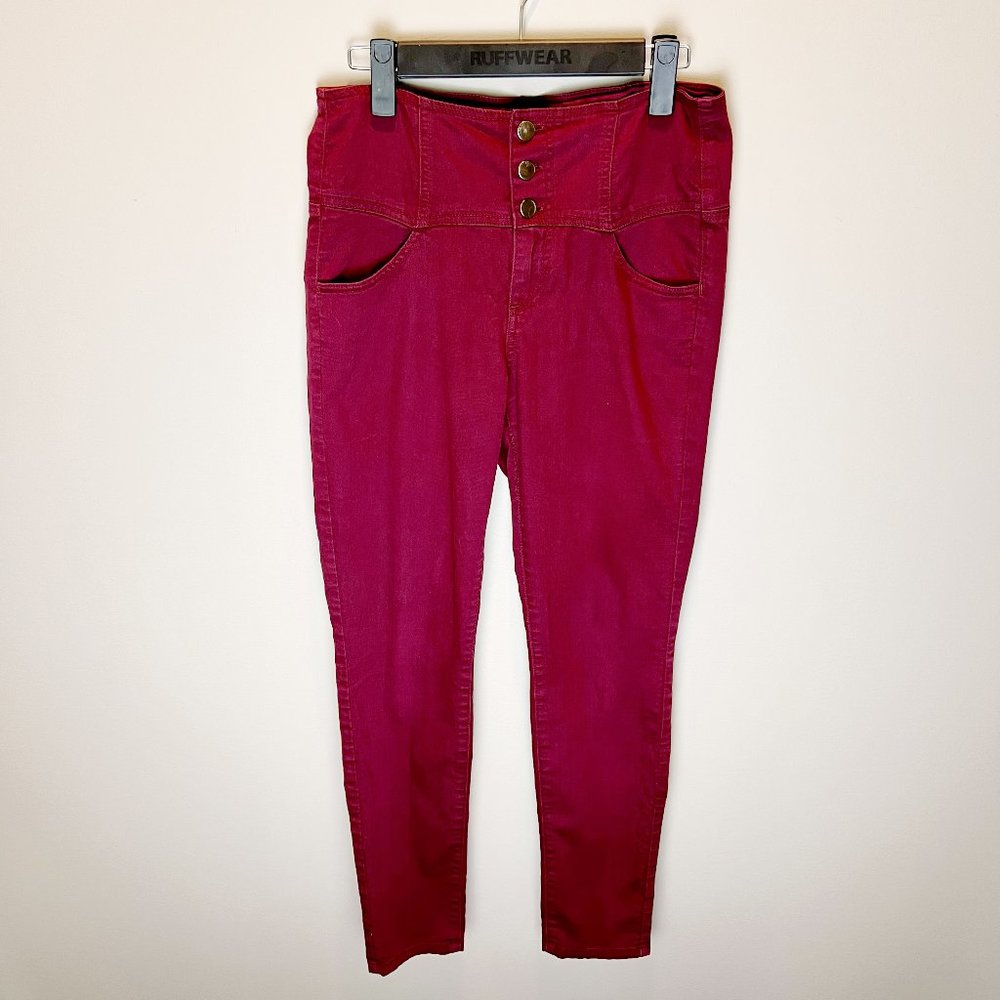 High Waisted Button Fly Burgundy Stretchy Skinny Jeans